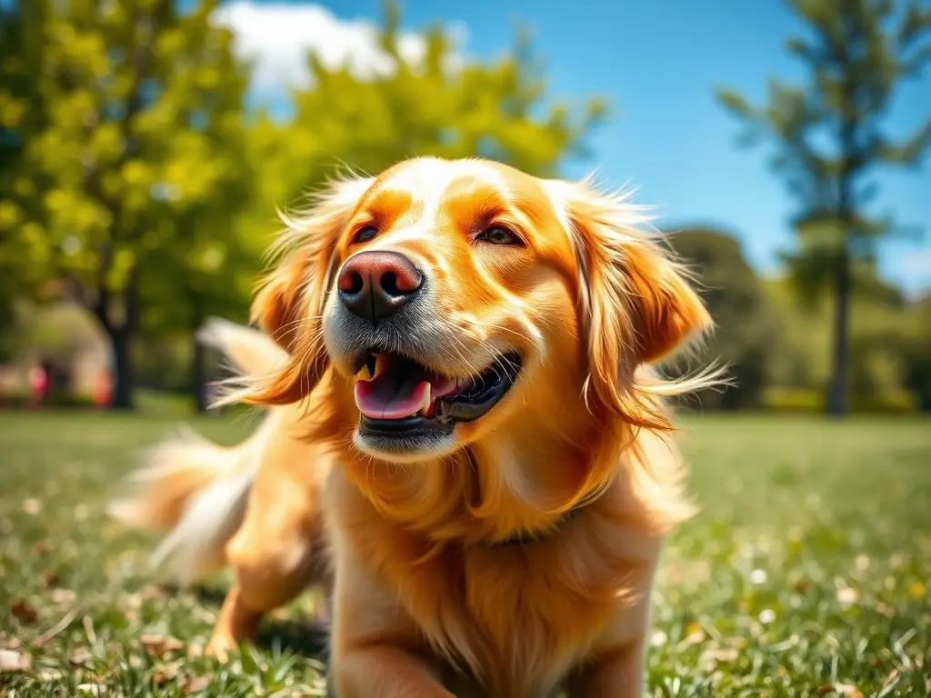 A heartwarming portrait of a golden retriever sitting in a sunlit park, looking directly at the camera with a gentle expression. The background is blurred, emphasizing the dog's features and creating a sense of warmth and connection.