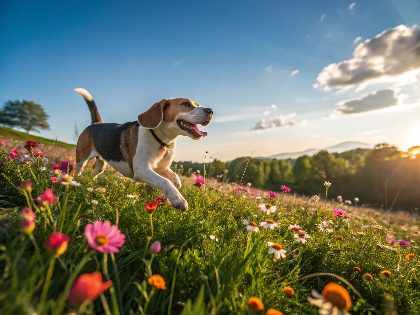 A playful beagle running through a field of flowers, ears flapping in the wind, capturing a moment of pure joy and freedom. The scene is vibrant and full of life, showcasing the dog's energetic spirit.