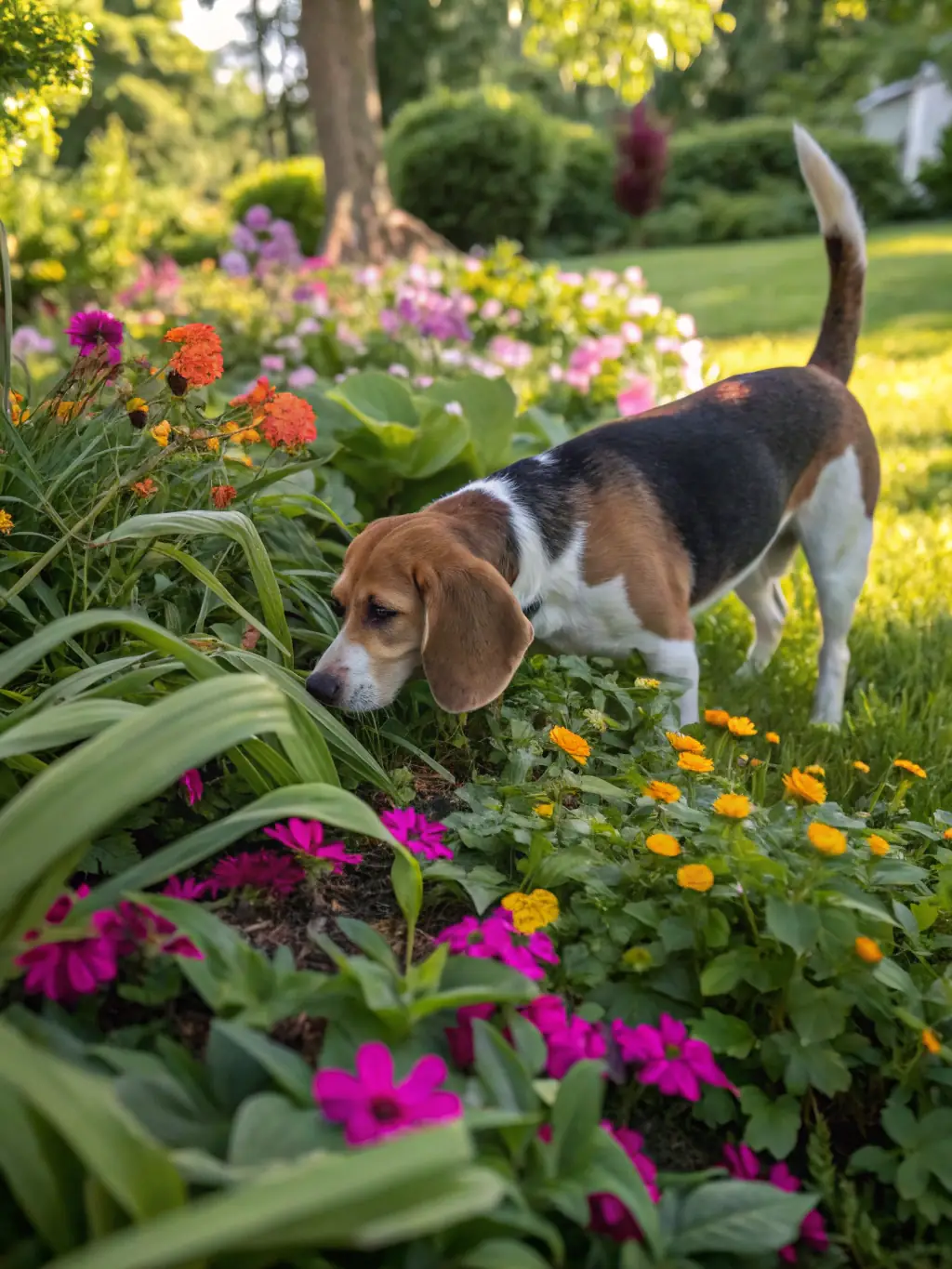 A playful beagle running through a forest trail, tongue out and ears flapping, during an outdoor adventure shoot with Pawtrait Lens.