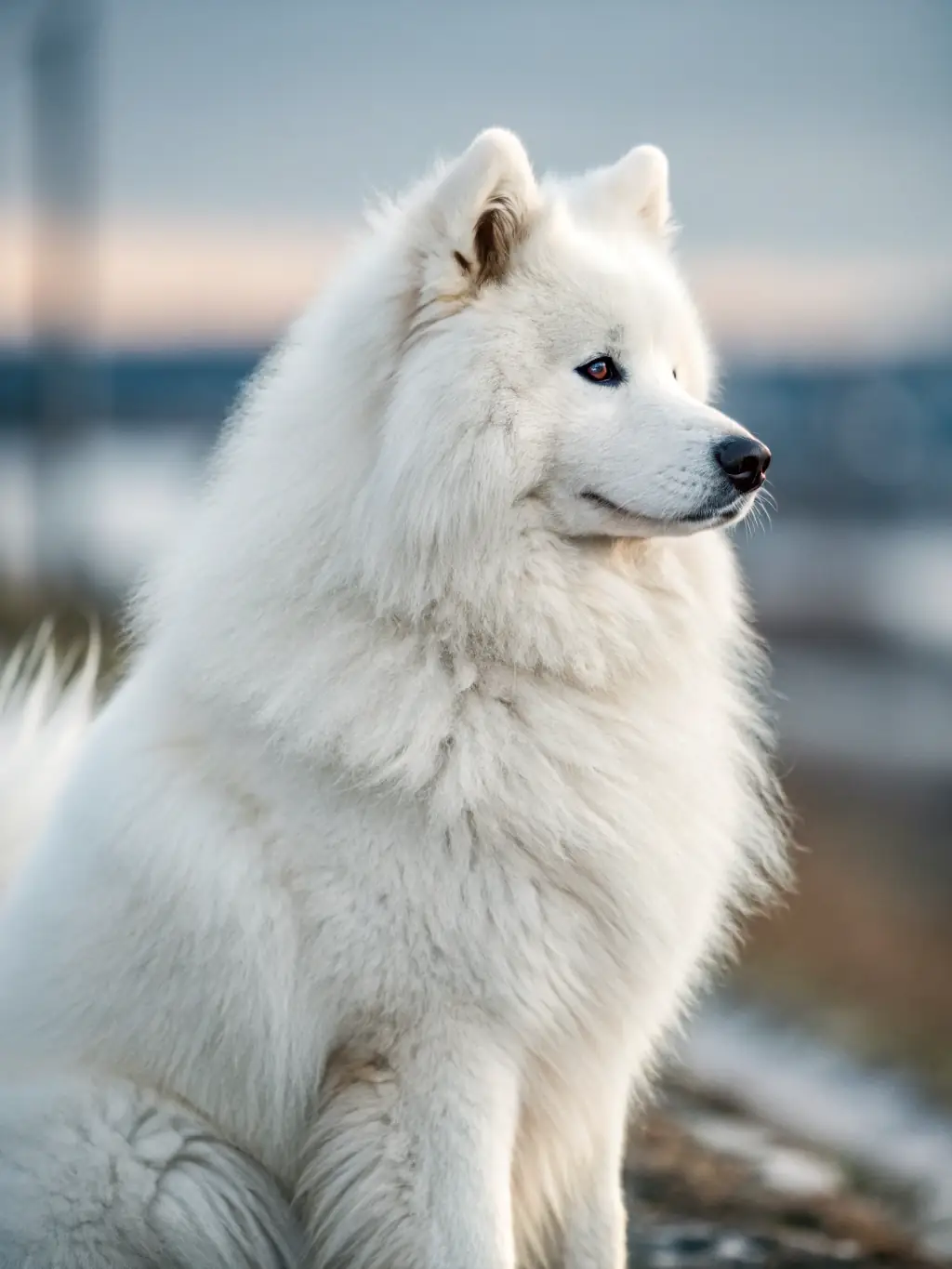 A fluffy Samoyed dressed in a festive costume, sitting in a themed mini-session setup with balloons and props, photographed by Pawtrait Lens.