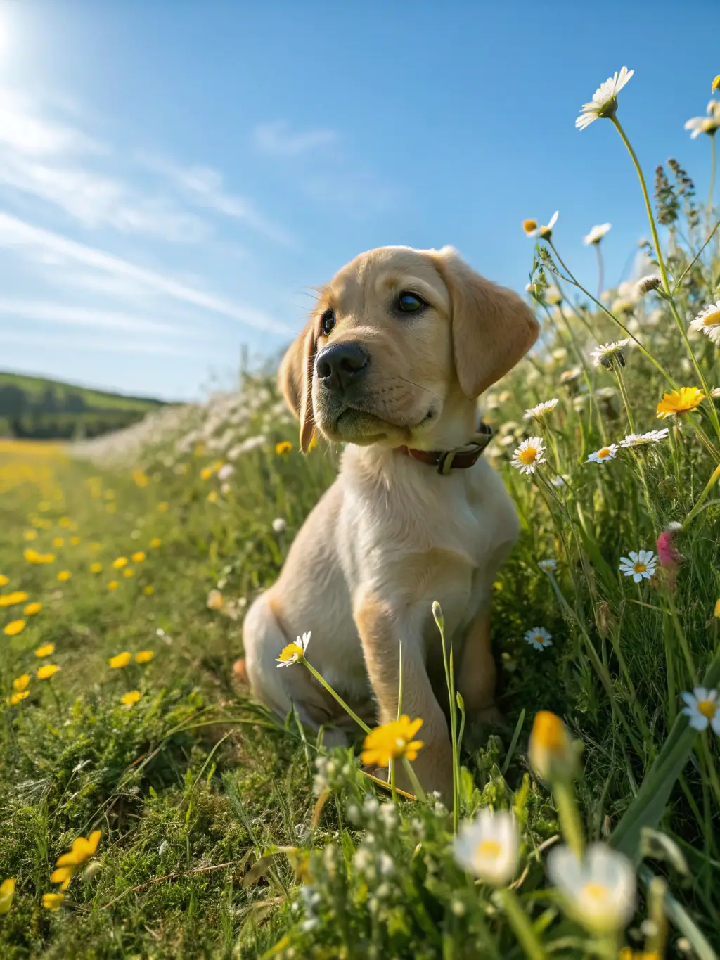 A golden retriever puppy sitting in a field of wildflowers, looking directly at the camera with a happy expression, captured during a puppy milestone session with Pawtrait Lens.