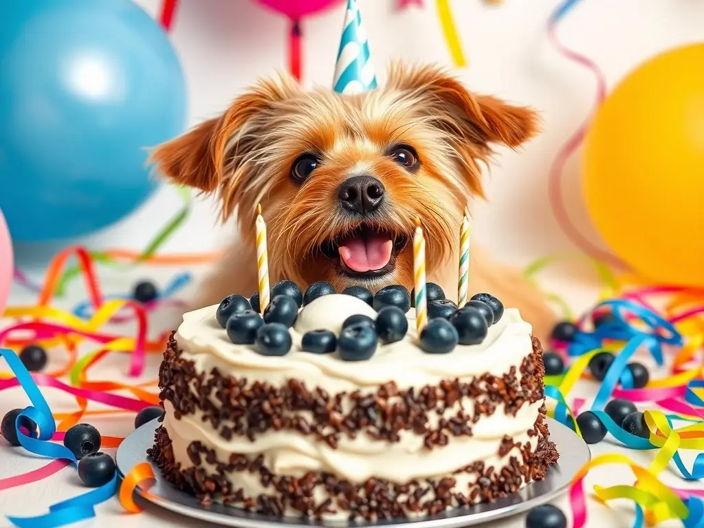 A cute puppy sitting next to a birthday cake, wearing a small party hat, and looking curiously at the camera. The scene is adorable and captures the innocence and charm of a young puppy celebrating a milestone.